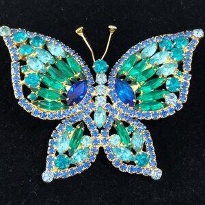 Large JULIANA D&E Vintage Butterfly Brooch VERIFIED Blue Green Rhinestone